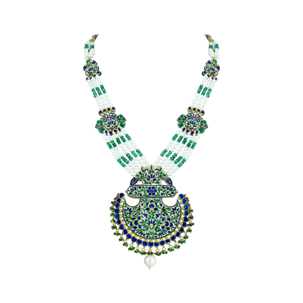 Red Enamel Polki Pendant Necklace with Pearls & Emerald Beads